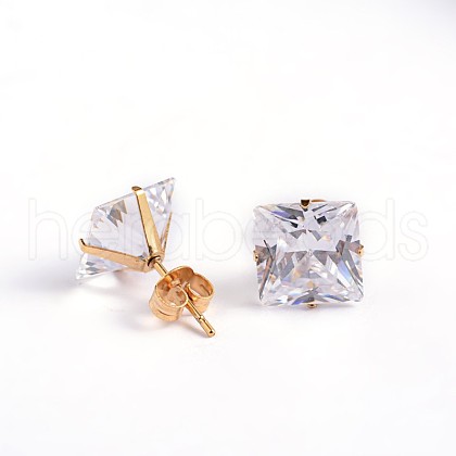 Square Cubic Zirconia Stud Earrings EJEW-H306-08G-5mm-1