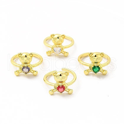 Glass Bear with Heart Open Cuff Ring KK-A180-39G-1