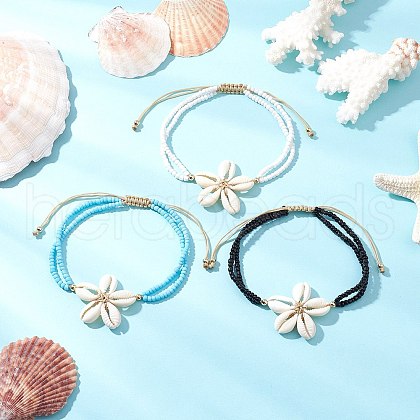 3Pcs 3 Colors Adjustable Natural Cowrie Shell Beaded Braided Anklets AJEW-AN00686-1