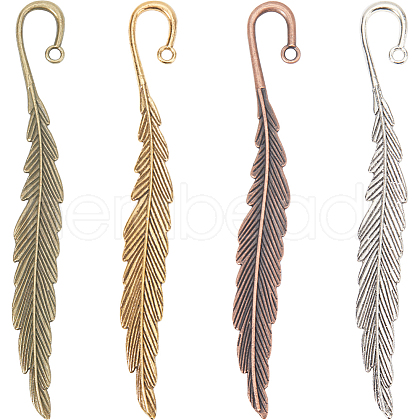 SUNNYCLUE 8Pcs 4 Style Feather Shape Tibetan Style Alloy Bookmarks Making AJEW-SC0002-56-1