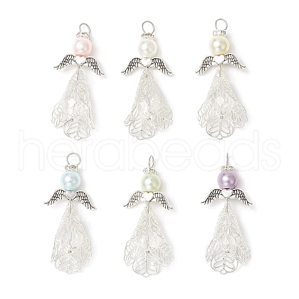 6Pcs 6 Colors Pearlized Glass Pearl Round Bead Pendants PALLOY-JF03775-1