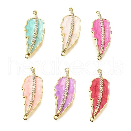 Brass Micro Pave Clear Cubic Zirconia Enamel Leaf Connector Charms KK-V011-25G-1