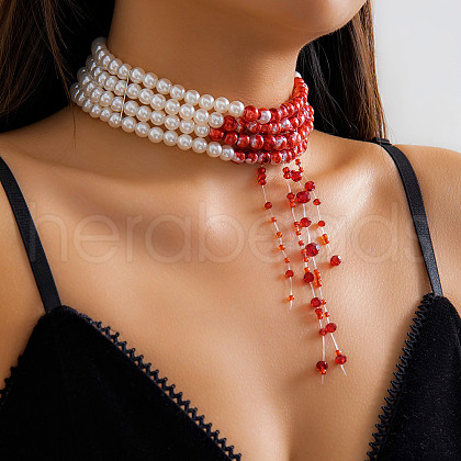 Retro Gothic Acrylic and Imitation Pearl Bloody Round Beaded Milti-strand Choker Necklaces for Women FS-WGACA63-03-1