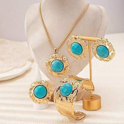 Round Alloy & Synthetic Turquoise Pendant Necklace & Stud Earring & Cuff Bangle & Rings Sets FS-WG9CCFC-01-1