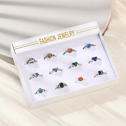12Pcs Natural Red Jasper & Malachite & Synthetic Turquoise Finger Rings RJEW-Z087-01AS-1