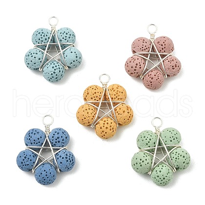 5Pcs 5 Colors Natural Lava Rock Dyed Beaded Pendants PALLOY-TA00086-1