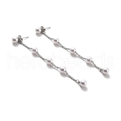 Round Plastic Pearl Beaded Long Chain Dangle Stud Earrings STAS-D179-04P-01-1
