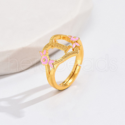 Heart & Flower Brass Pearl Pink Enamel Adjustable Finger Rings FS-WG8B9BA-08-1