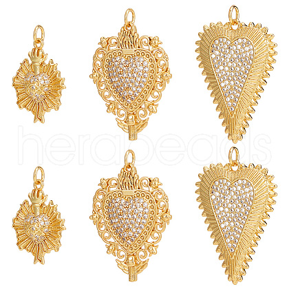 Beebeecraft 6Pcs 3 Style Rack Plating Brass Micro Pave Clear Cubic Zirconia Pendants KK-BBC0012-98-1