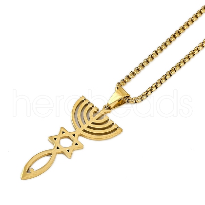 304 Stainless Steel Messianic Star of David Pendant Box Chain Necklaces NJEW-M010-03G-1
