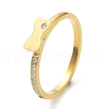 Ion Plating(IP) 304 Stainless Steel Bowknot Finger Ring with Cubic Zirconia RJEW-K224-15G-1