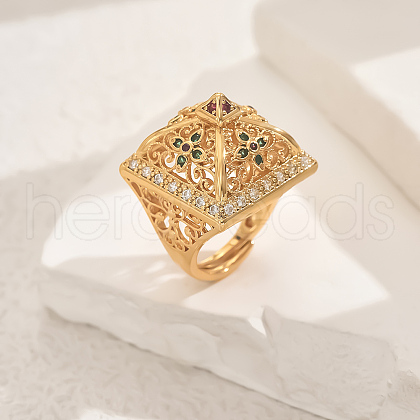 Brass Micro Pave Cubie Zirconia Geometric Hollow Adjustable Finger Rings for Women DH2943-1-1