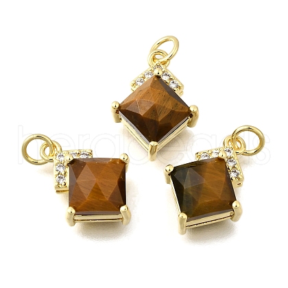 Brass Pave Natural Tiger Eye Faceted Rhombus Pendants KK-U072-07G-1