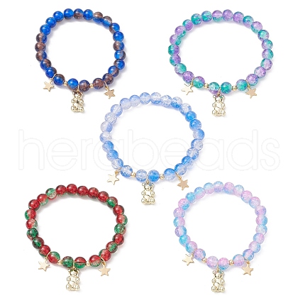 5pcs Crackle Glass Round Beads Stretch Bracelets BJEW-JB11488-1