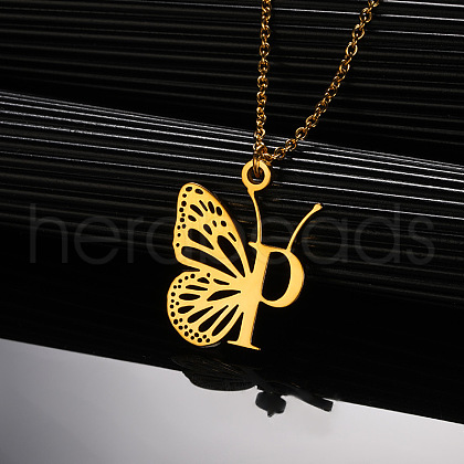 304 Stainless Steel Butterfly Initial Pendant Necklaces WG80197-16-1