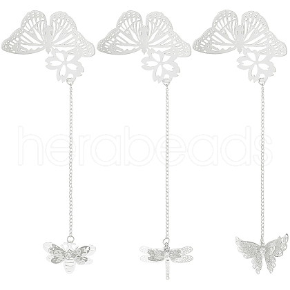 SUNNYCLUE 3Pcs 3 Styles Butterfly & Butterfly & Dragonfly Filigree Brass Bookmark with Chains AJEW-SC0002-93P-1
