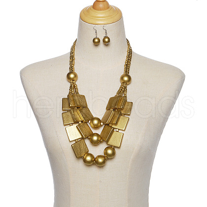 Wood Rectangle & Round Beaded Multilayer Necklaces & Dangle Earrings Sets FS-WG1E68D-07-1