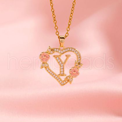 Brass Crystal Rhinestone Hollow Rose Heart with Letter Pendant Necklaces for Women WGC1928-25-1