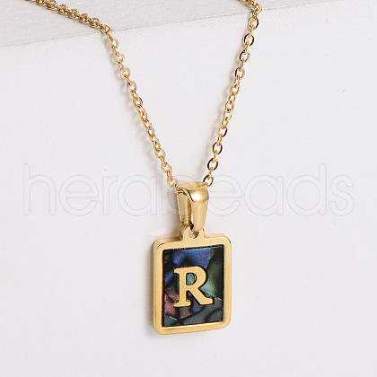 304 Stainless Steel Pave Natural Paua Shell Rectangle Initial Pendant Necklaces for Women FS-WG38E89-18-1