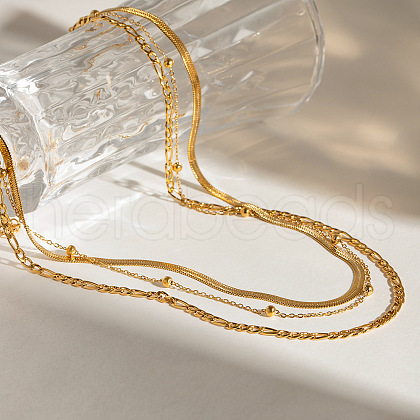 304 Stainless Steel Flat Snake Chain & Figaro Chain & Satellite Chain 3 Layer Necklaces for Women NJEW-V012-03G-1