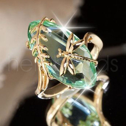 Leaf & Dragonfly Brass Glass Finger Rings FS-WGB6037-03-1