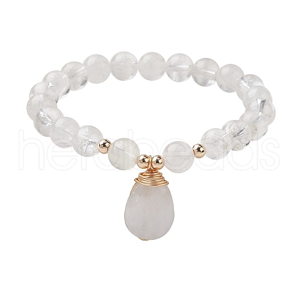 Natural Quartz Crystal Stretch Bracelets with Teardrop Charms for Women BJEW-JB10110-01-1