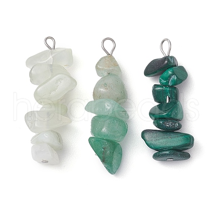 Gradient Color Natural Green Aventurine & Natural Prehnite & Natural Malachite Chip Beaded Pendants PALLOY-JF02791-05-1