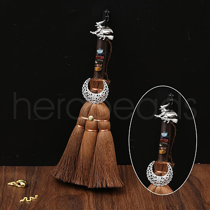Wood Witch Broom with Synthetic Obsidian Pendant Decorations AUTO-PW0001-15A-1