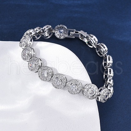 Brass Micro Pave Clear Cubic Zirconia Flat Round Link Chain Bracelets for Women BJEW-A034-01P-1