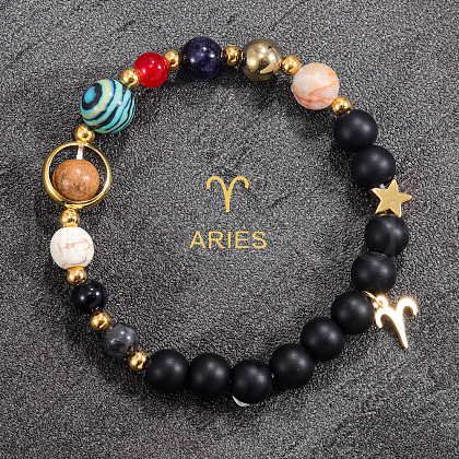 12 Zodiac Sign Natural Black Obsidian Round Beads & Synthetic Mixed Gemstone Beads Charm Bracelets for Men Women WG666A9-02-1