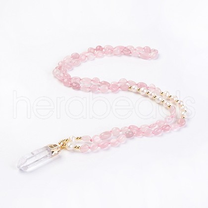 Natural Rose Quartz and Natural Quartz Crystal Pendant Necklaces NJEW-I220-03-1