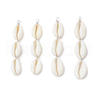 3 Natural Cowrie Shell Beaded Big Pendants PALLOY-JF03807-1