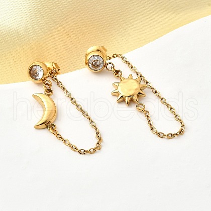 Moon & Sun 304 Stainless Steel Micro Pave Clear Cubic Zirconia Tassel Stud Earrings EJEW-B140-04G-1