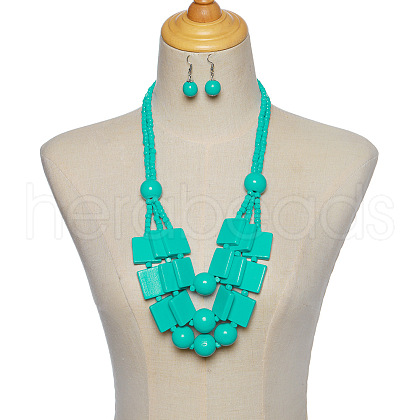 Wood Rectangle & Round Beaded Multilayer Necklaces & Dangle Earrings Sets FS-WG1E68D-05-1