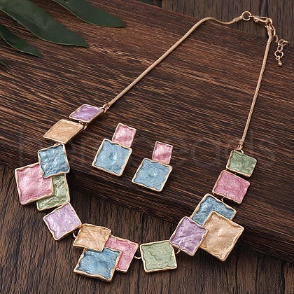 Square Zinc Alloy Enamel Pendant Necklace & Stud Dangle Earring FS-WG2E030-05-1