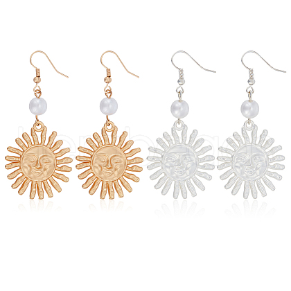 ANATTASOUL 2 Pairs 2 Colors Alloy Sun with Smiling Face Dangle Earrings with Plastic Pearl Beaded EJEW-AN0001-82-1