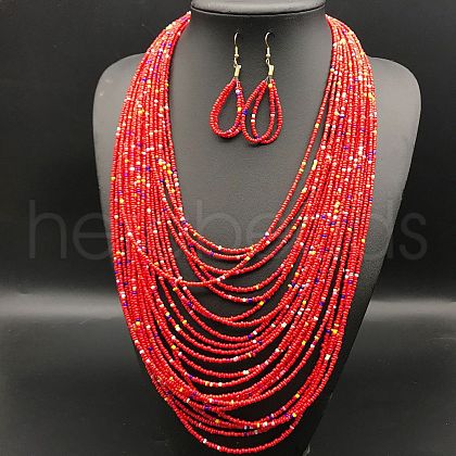 Ethnic Style Acrylic Seed Beaded Multilayer Necklaces & Teardrop Dangle Earrings Sets WGF31E6-03-1
