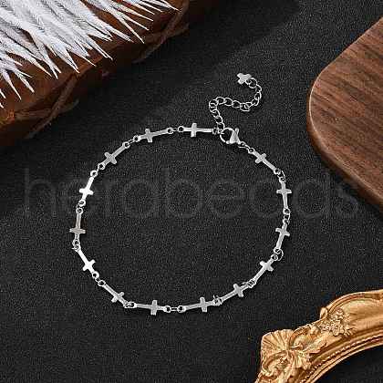 304 Stainless Steel Cross Link Chain Anklets for Women AJEW-AN00679-02-1