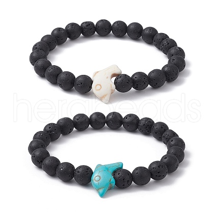 2Pcs 2 Color Synthetic Turquoise Dolphin & Lava Rock Stretch Bracelets Set BJEW-JB09838-1