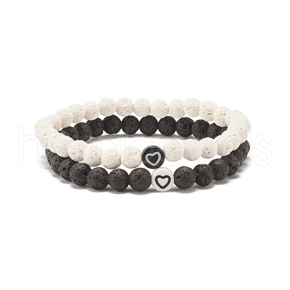 2Pcs 2 Style Natural Lava Rock(Dyed) Round Beaded Stretch Bracelets Set with Heart BJEW-JB07579-1