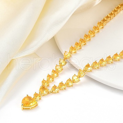 Brass Full Yellow Cubic Zirconia Heart Pendant Necklaces for Women NJEW-M079-01A-1