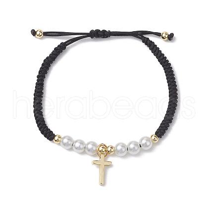 Adjustable 6mm Round ABS Plastic Imitation Pearl Braided Bead Bracelets BJEW-JB10620-1