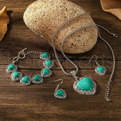 Heart Synthetic Turquoise Pendant Necklaces & Dangle Earrings & Link Bracelets Sets FS-WG4AC47-01-1