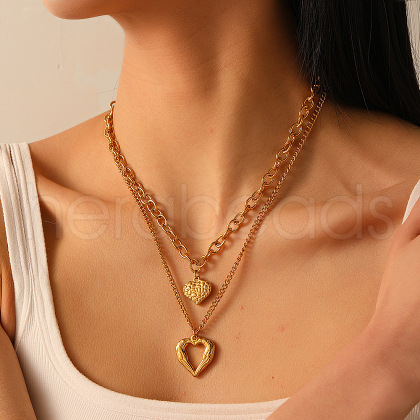 2Pcs 304 Stainless Steel Wing Heart Pendant Double Layer Necklaces for Women NJEW-U044-01G-1