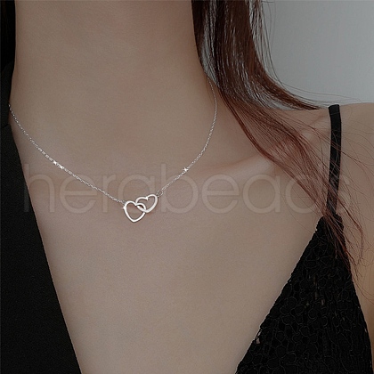 201 Stainless Steel Interlocking Heart Pendant Necklaces for Women NJEW-D307-01P-1