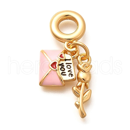 Brass Enamel Letter & Rose Flower European Dangle Charms KK-U048-05G-01-1