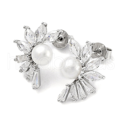 Anti-Tarnish Cubic Zirconia Flower with Natural Pearl Stud Earrings EJEW-F318-13P-1