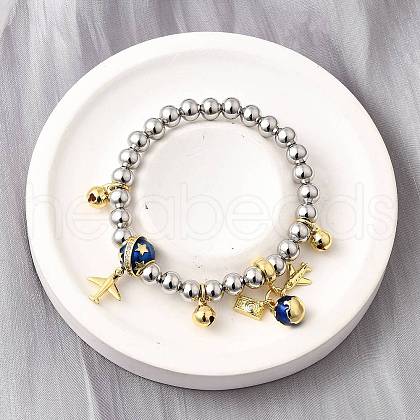 Brass Enamel Round Beads Charm Bracelets for Women BJEW-D317-11B-PG-1