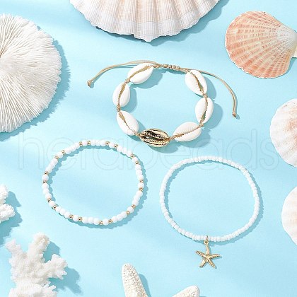 3Pcs 3 Styles Glass Seed Beads Stretch Bracelets & Charm Bracelets & Natural Mixed Cowrie Shell Beads Braided Bracelets BJEW-TA00639-1