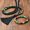 Natural Black Stone & African Turquoise(Jasper) & Tiger Eye Round Rosaries Beaded Tassel Pendant Necklaces & Bracelets Sets FS-WGB975F-03-2
